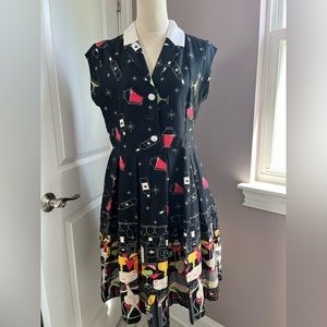 Lindy Bop Size 12 Black Midi Dress + White Collar with Wine and Cat Print